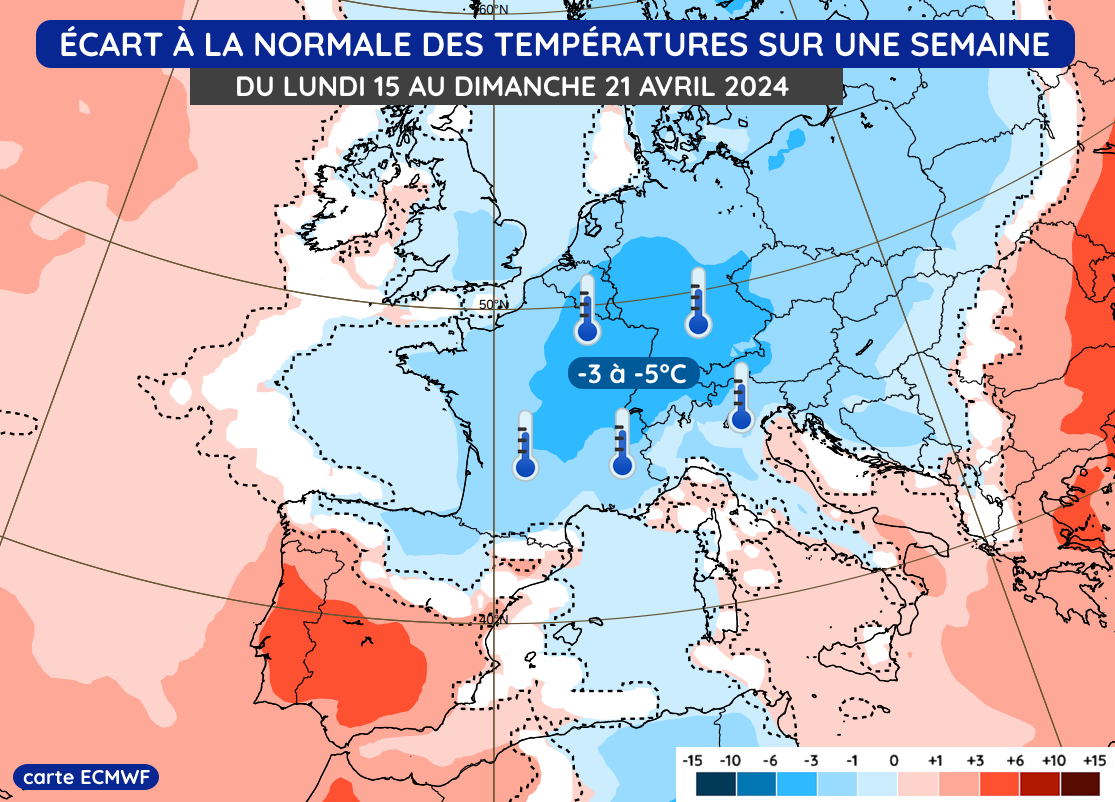 Écart à la normale des températures du lundi 15 au dimanche 21 avril 2024