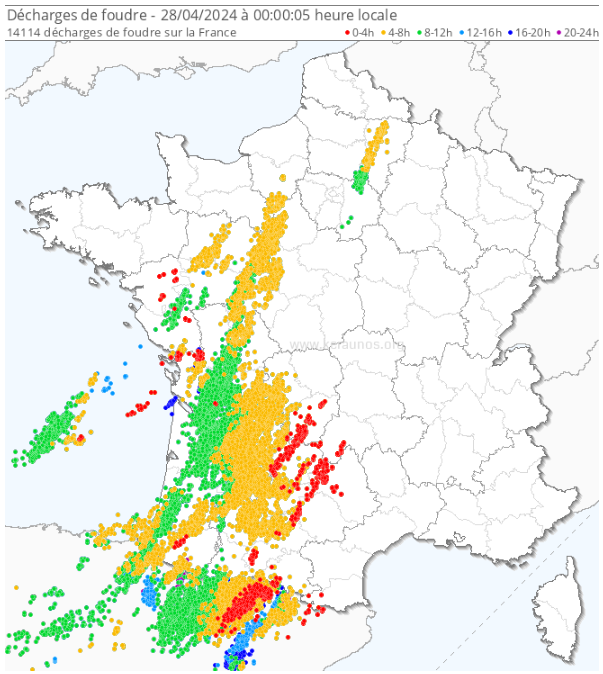 Éclairs détectés en France ce samedi 27 avril 2024