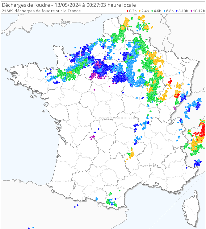 Carte des éclairs détectés ce dimanche 12 mai 2024