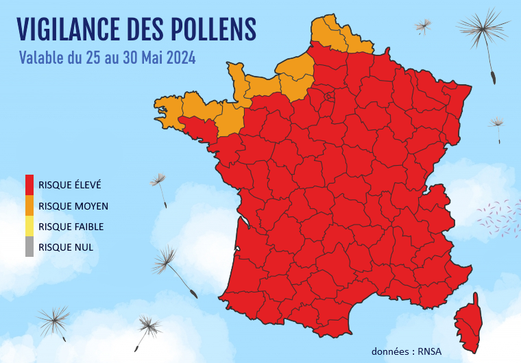 Carte de vigilance des pollens du 25 au 30 mai 2024 