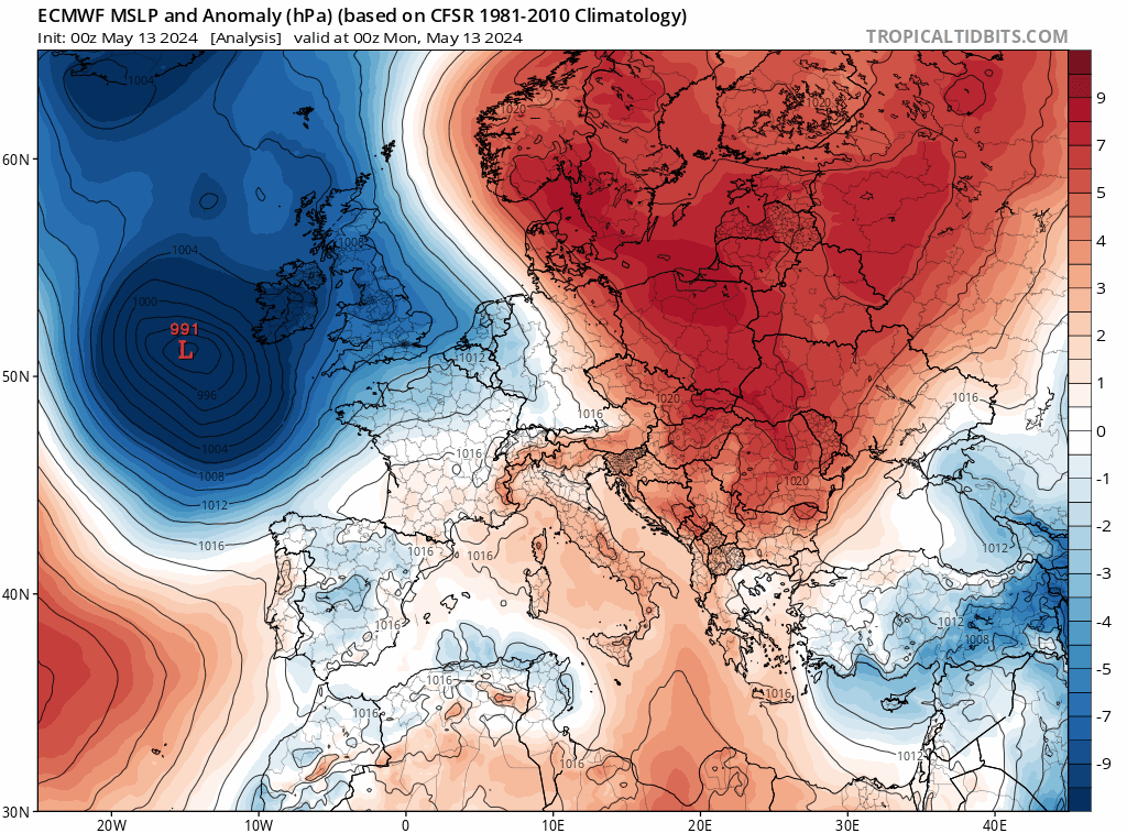 Anomalie de pression (bleu = dépression, rouge = anticyclone) du lundi 13 au dimanche 19 mai 2024 