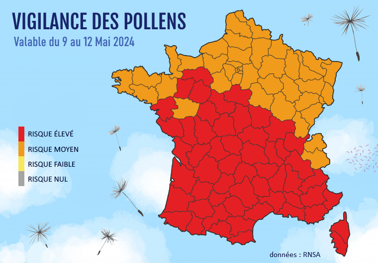 Carte de vigilance des pollens du 9 au 12 mai 2024