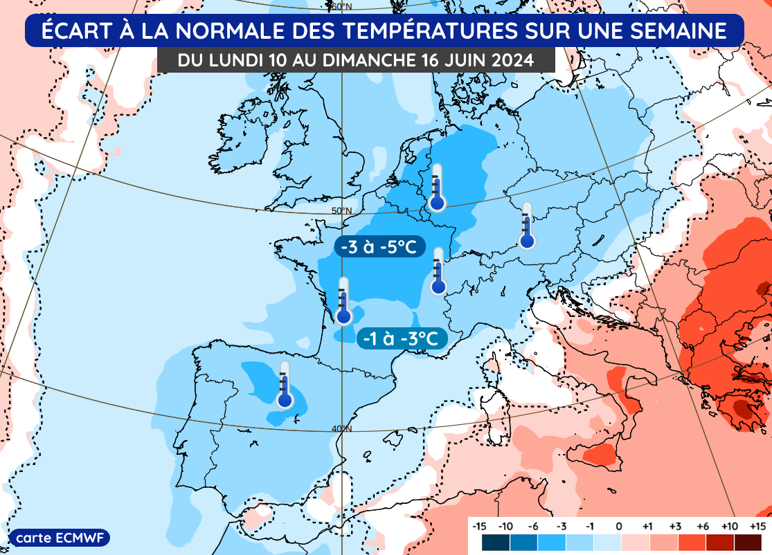 Écart à la normale des températures du lundi 10 au dimanche 16 juin 2024