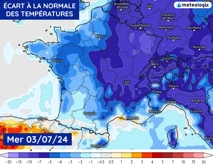 Écart à la normale des températures du mercredi 3 juillet 2024