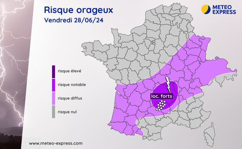 Risque orageux pour le vendredi 28 juin 2024 