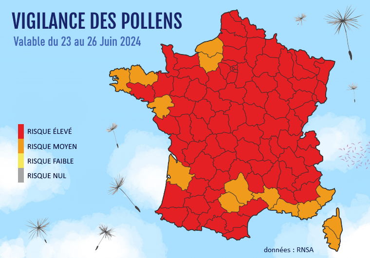 Carte de vigilance des pollens du 23 au 26 juin 2024