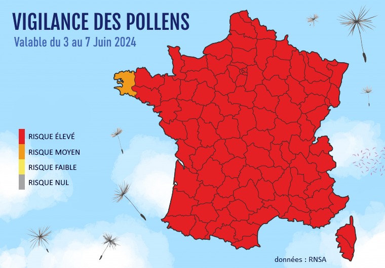 Carte de vigilance des pollens du 3 au  7 juin 2024 