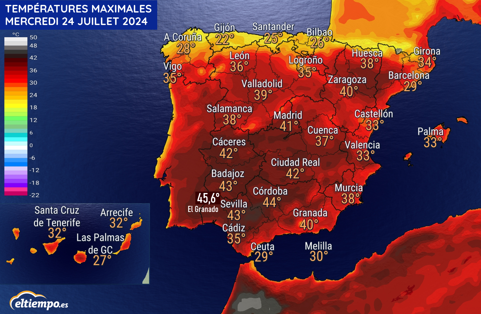 Températures maximales du mercredi 24 juillet 2024 en Espagne