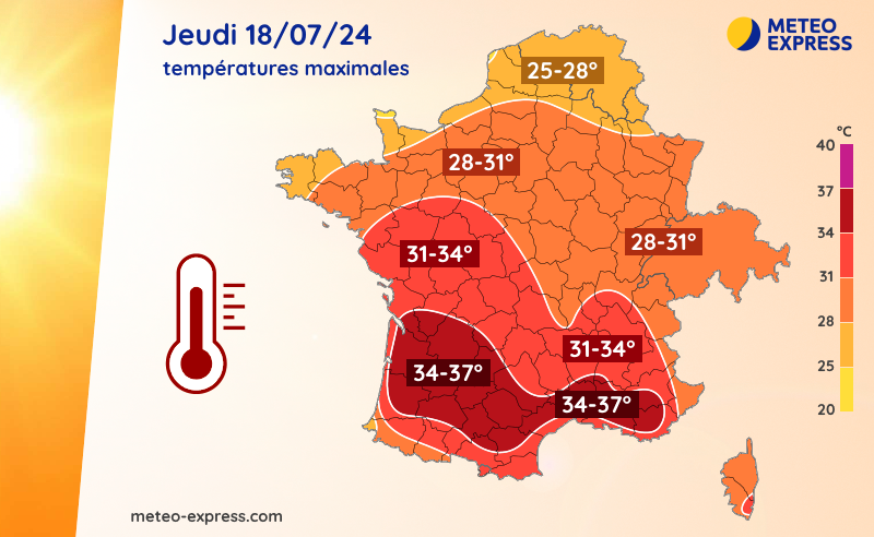 Températures maximales du jeudi 18 juillet 2024