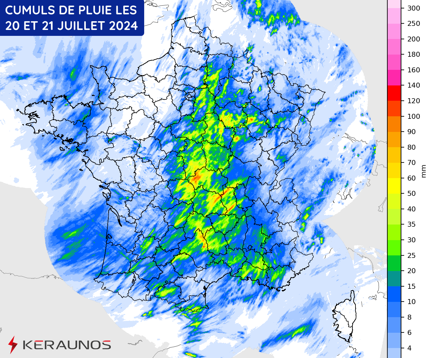 Cumuls de pluie les samedi 20 et dimanche 21 juillet 2024 