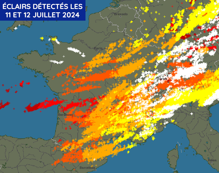 Éclairs détectés les jeudi 11 et vendredi 12 juillet 2024