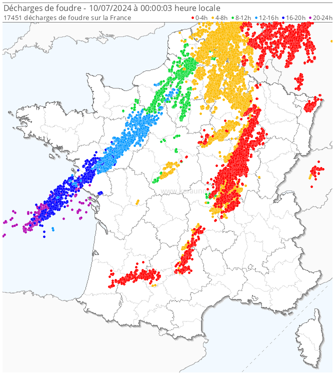 Carte des éclairs détectés en France ce mardi 9 juillet 2024 