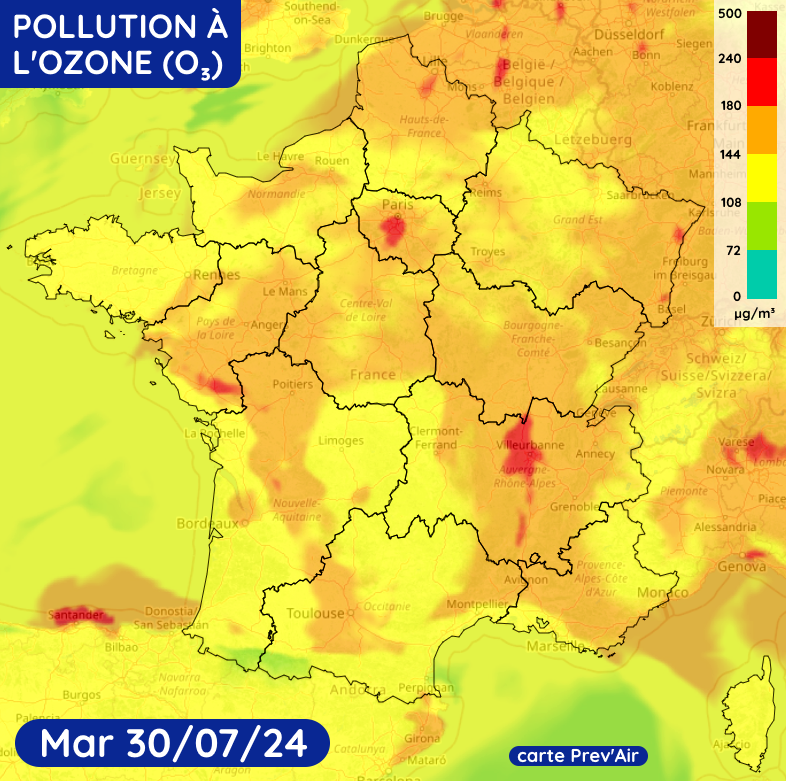 Concentrations d'ozone dans l'air ce mardi 30 juillet 2024