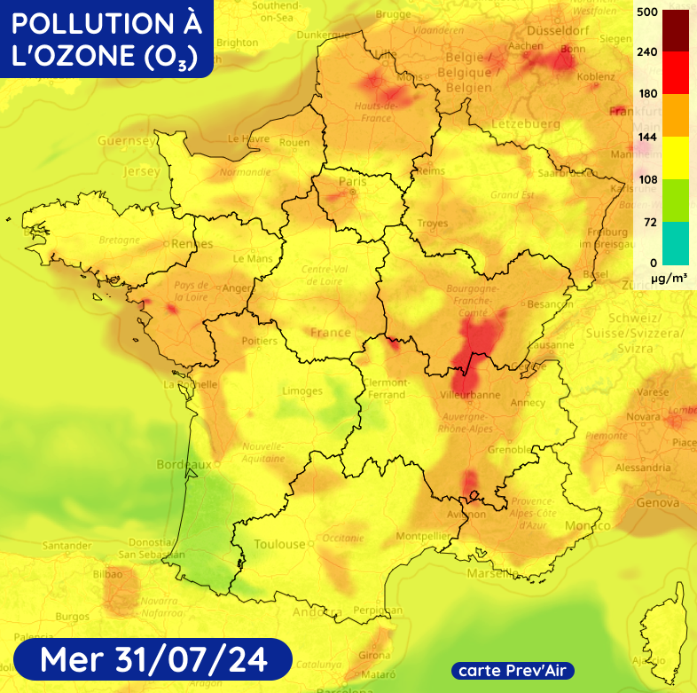 Concentrations d'ozone dans l'air ce mercredi 31 juillet 2024 