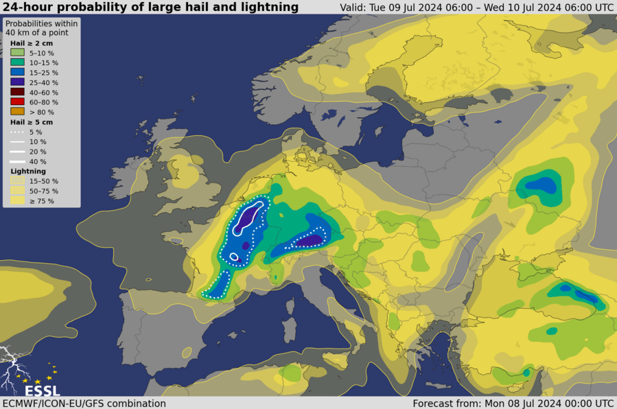 Probabilité de grêle pour le mardi 9 juillet 2024 