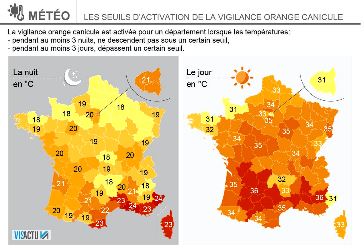 Seuils nocturnes et diurnes de déclenchement de la vigilance orange canicule par département