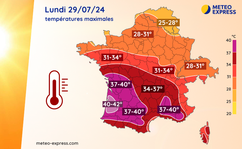 Températures maximales prévues le lundi 29 juillet 2024 