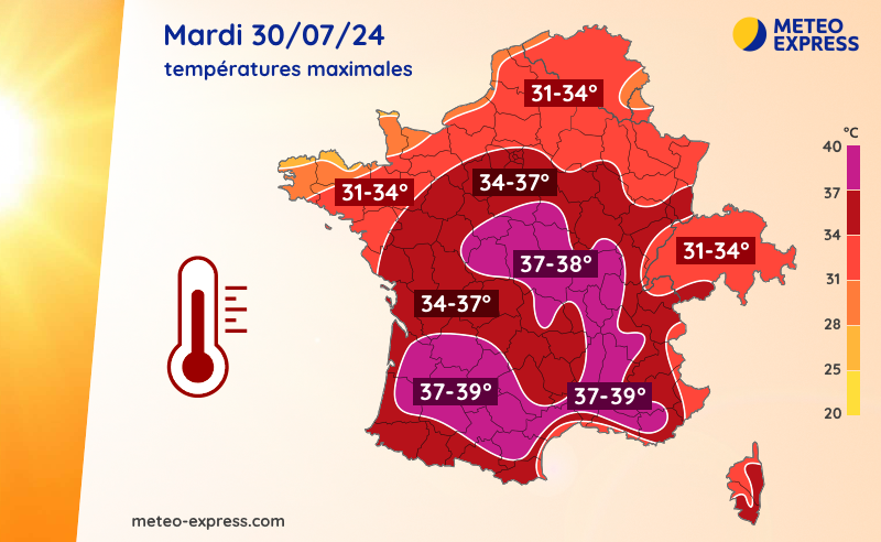 Températures maximales prévues le mardi 30 juillet 2024 