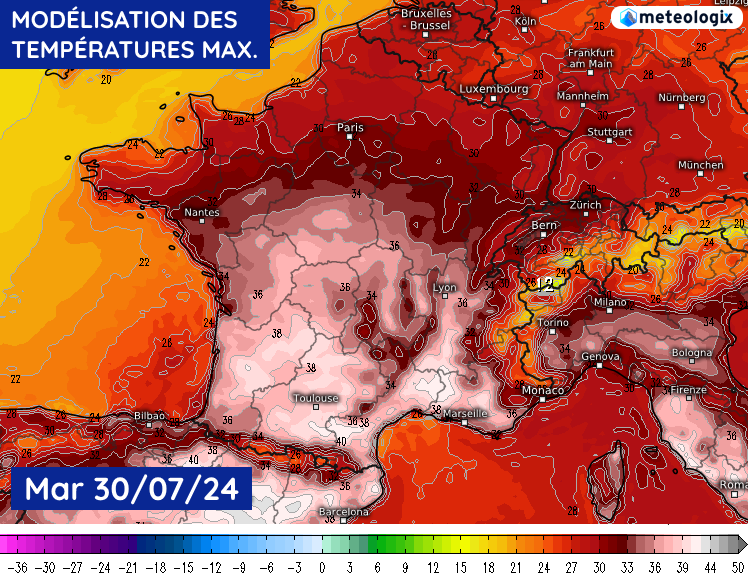 Températures maximales envisagées le mardi 30 juillet 2024