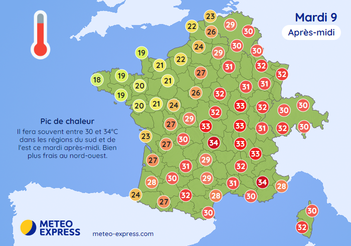 Températures maximales pour le mardi 9 juillet 2024