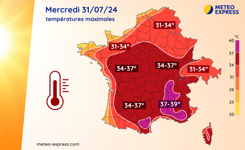 Températures maximales prévues le mercredi 31 juillet 2024