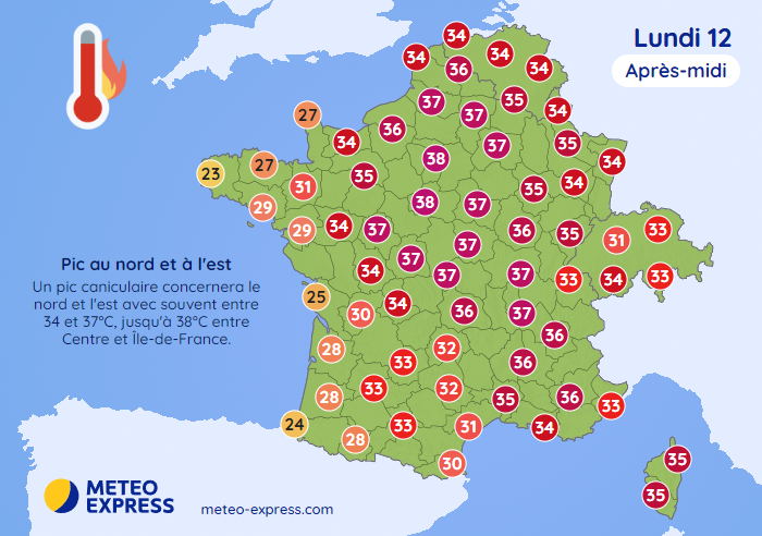 Températures maximales prévues le lundi 12 août 2024