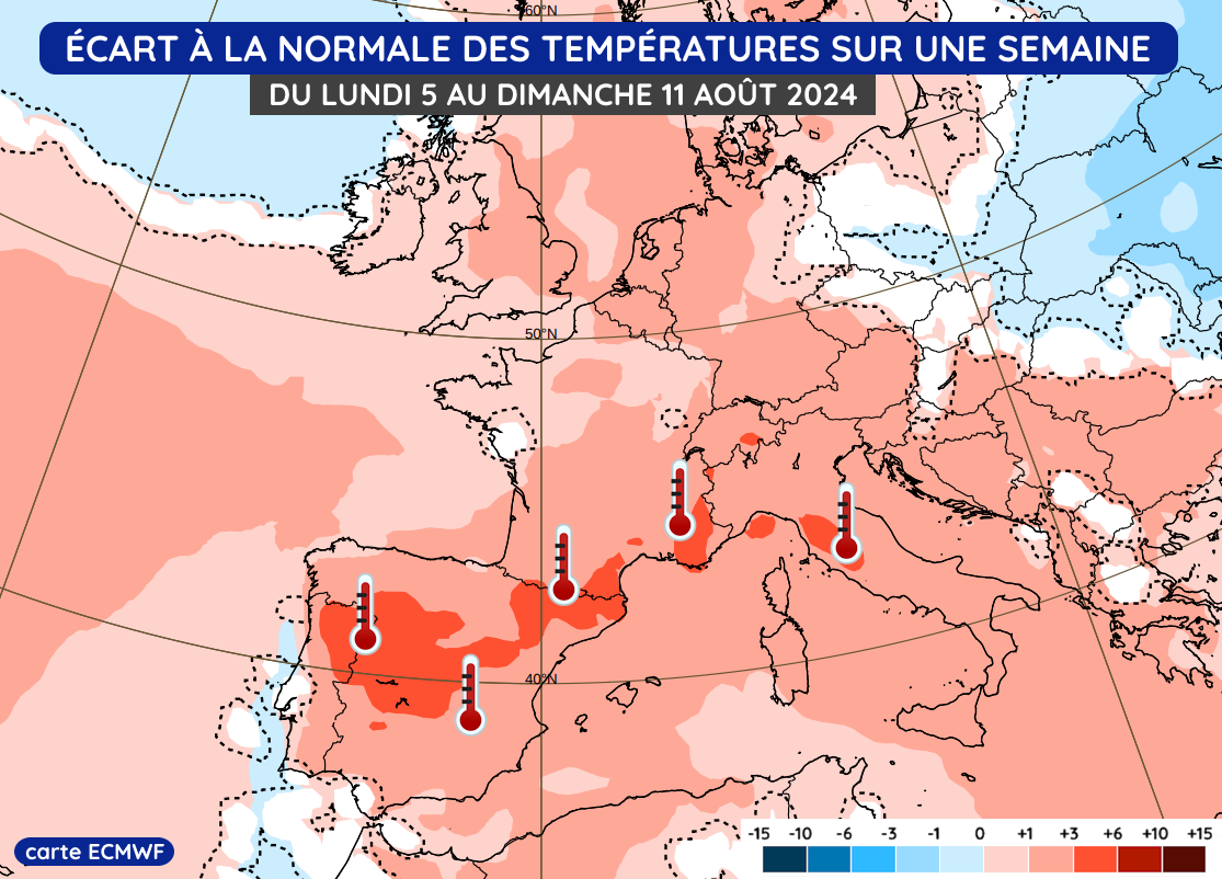 Écart à la normale des températures du lundi 5 au dimanche 11 août 2024