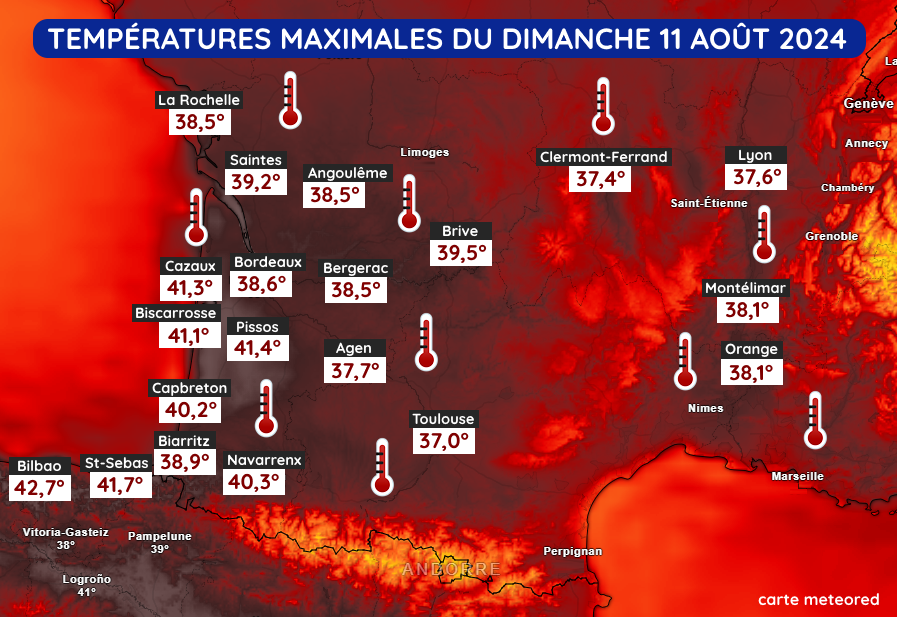 Carte des températures maximales ce dimanche 11 août 2024