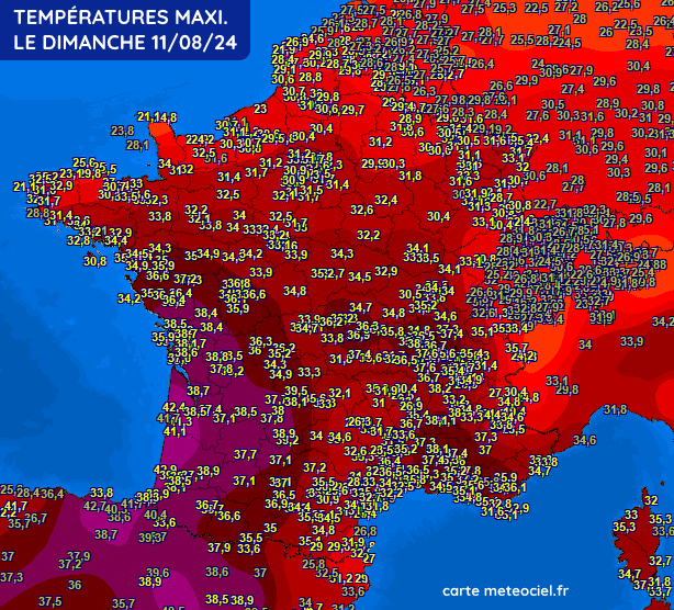 Températures maximales mesurées ce dimanche 11 août 2024 