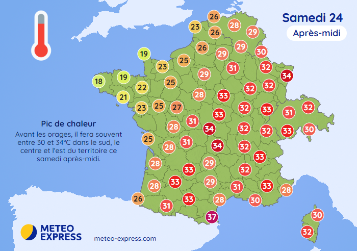 Températures maximales prévues ce samedi 24 août 2024 