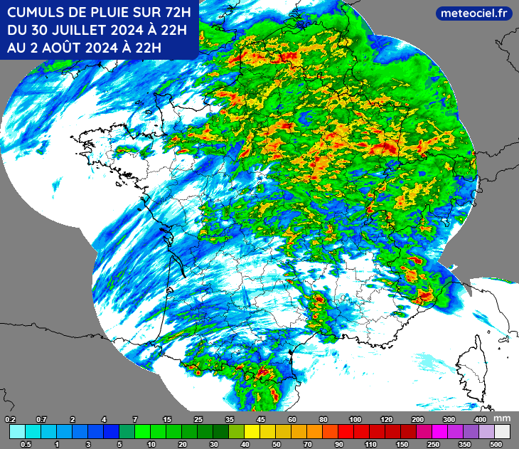 Cumuls de pluie du soir du 30 juillet au soir du 2 août 2024