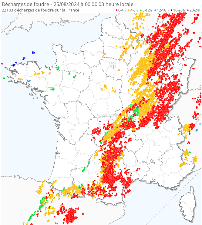 Carte des éclairs détectés le samedi 24 août 2024