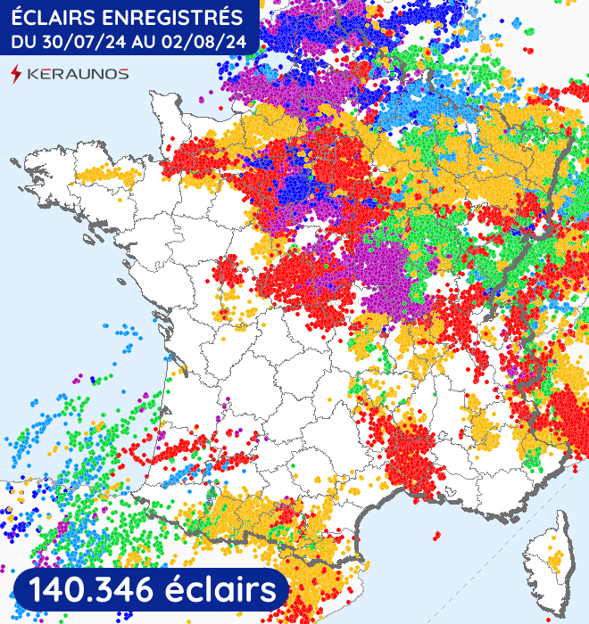 Éclairs détectés du mardi 30 juillet au soir du vendredi 2 août 2024 