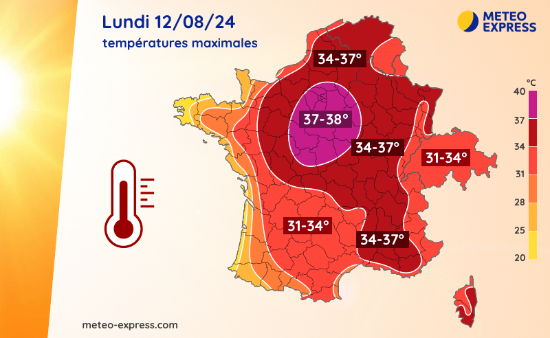 Températures maximales prévues le lundi 12 août 2024