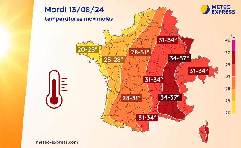 Températures maximales prévues le mardi 13 août 2024