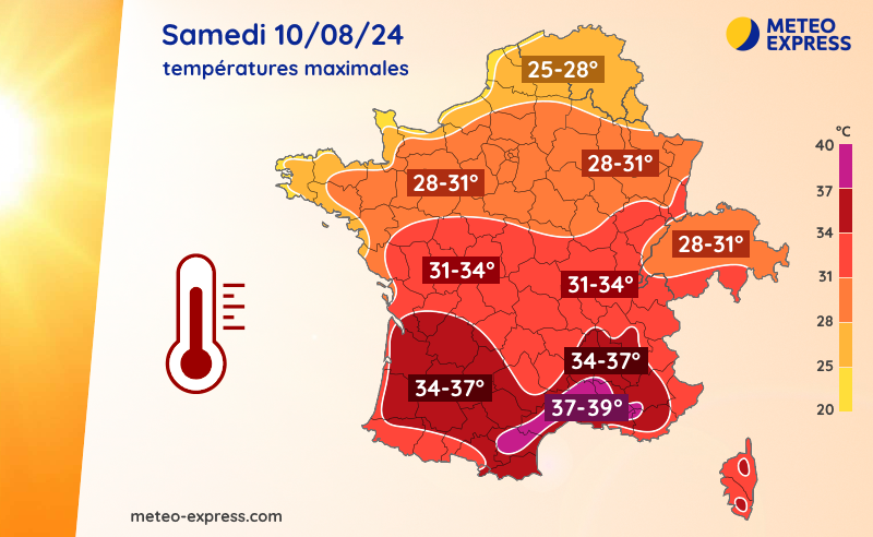 Températures maximales prévues le samedi 10 août 2024