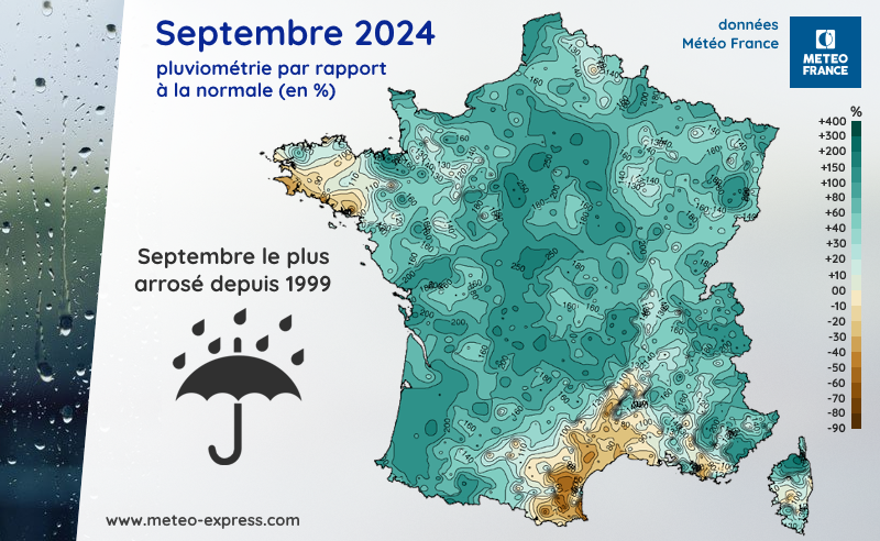 Rapport à la normale de la pluviométrie en septembre 2024