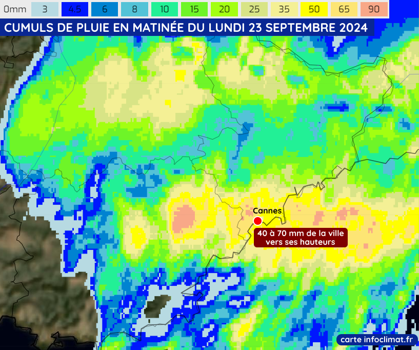 Cumuls de pluie sur le Var et les Alpes-Maritimes en matinée du lundi 23 septembre 2024