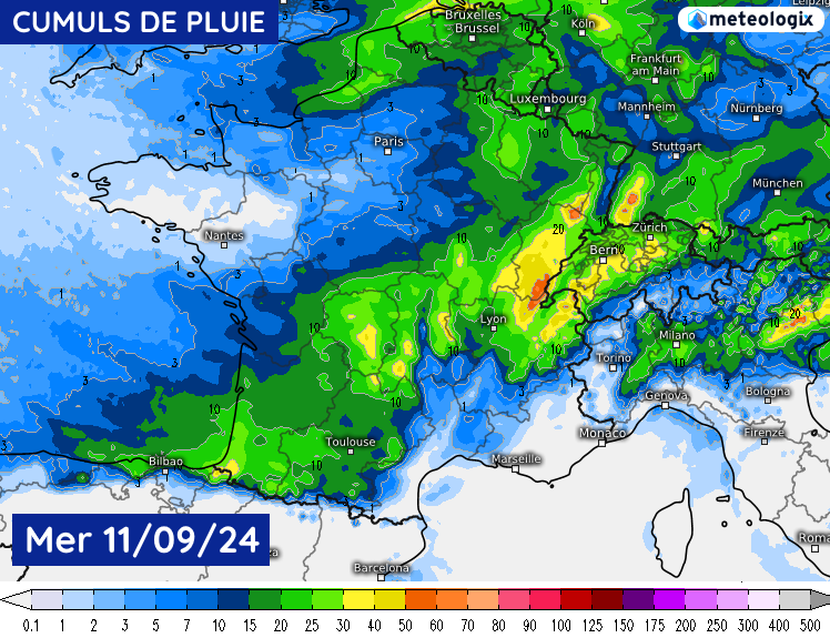 Cumuls de pluie prévus ce mercredi 11 septembre 2024