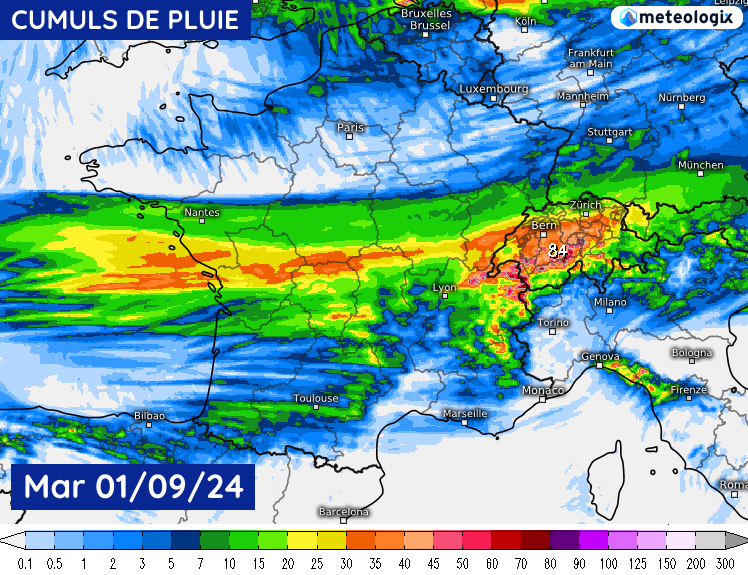 Cumuls de pluie prévus ce mardi 1er octobre 2024