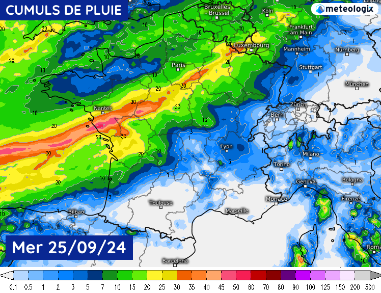 Cumuls de pluie prévus le mercredi 25 septembre 2024