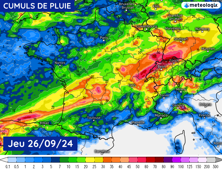 Cumuls de pluie prévus le jeudi 26 septembre 2024