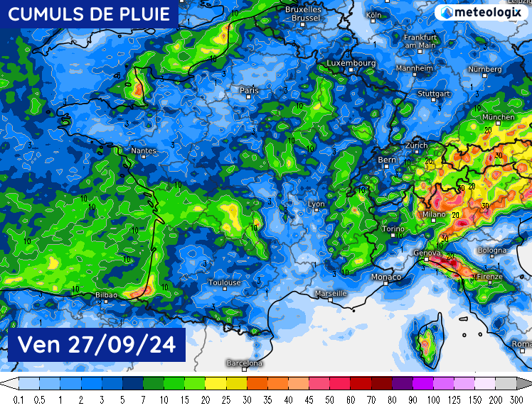 Cumuls de pluie prévus le vendredi 27 septembre 2024