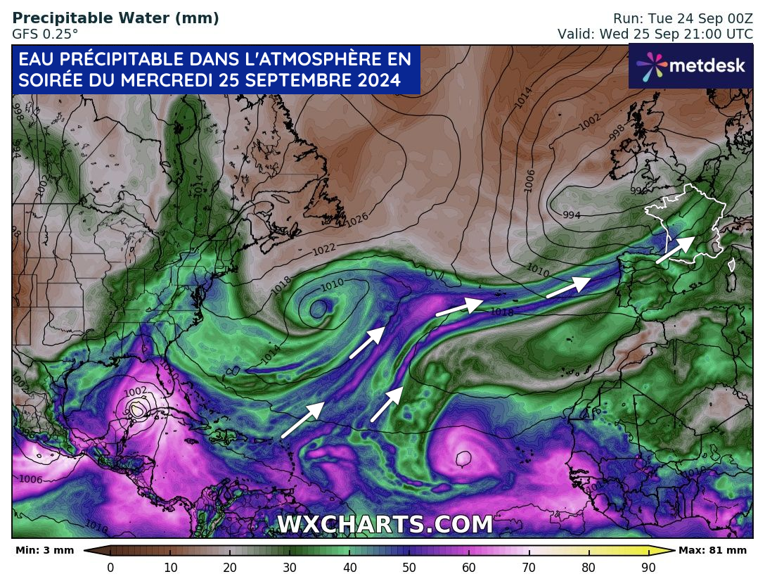 Contenu en eau précipitable de l'atmosphère sur l'Atlantique le mercredi 25 septembre 2024