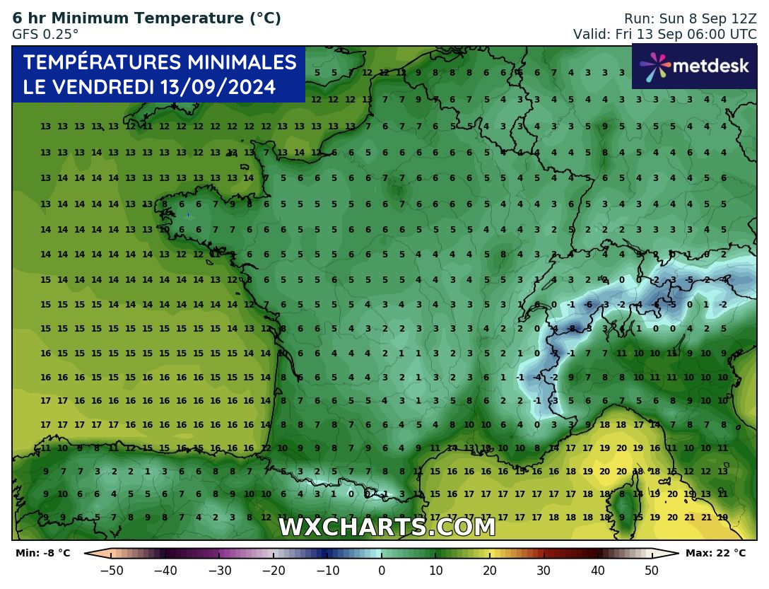 Températures minimales modélisées le vendredi 13 septembre 2024