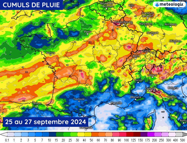 Cumuls de pluie prévus du mercredi 25 au vendredi 27 septembre 2024