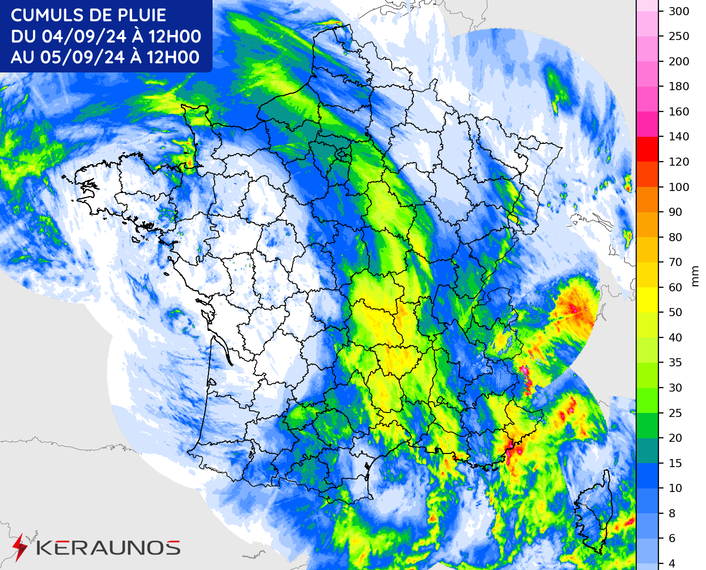 Cumuls de pluie sur 24h au jeudi 5 septembre 2024 à 12h 