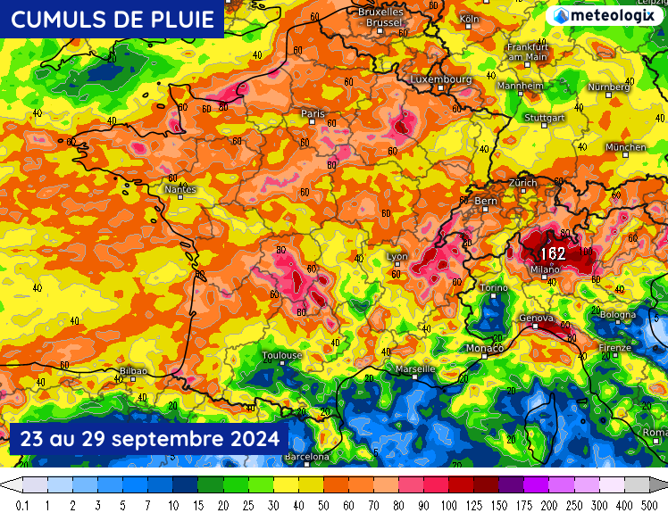 Cumuls de pluie prévus du lundi 23 au dimanche 29 septembre 2024 