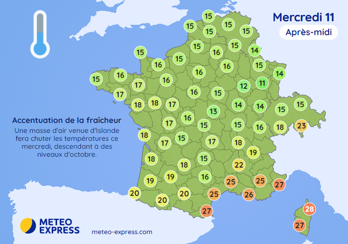 Températures maximales prévues ce mercredi 11 septembre 2024