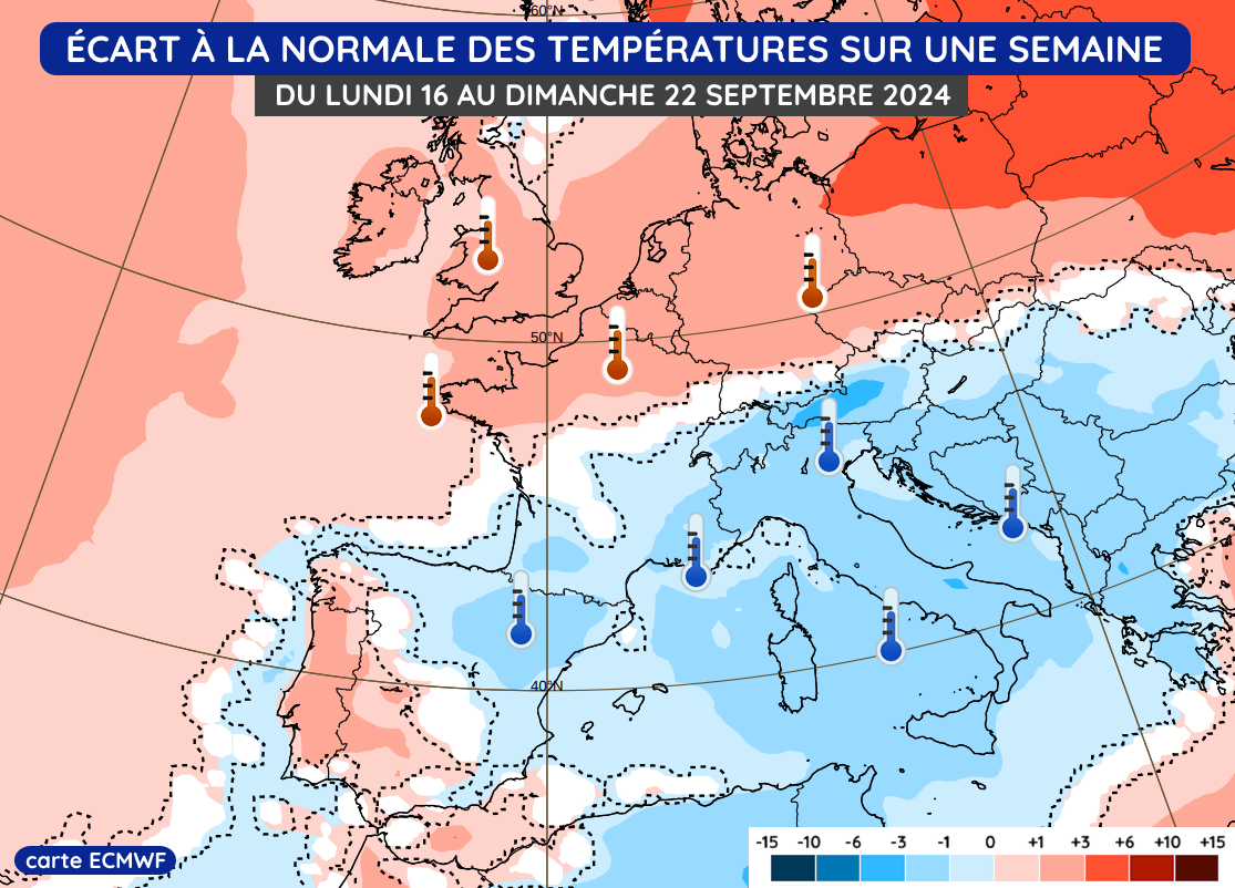 Écart à la normale des températures du lundi 16 au dimanche 22 septembre 2024